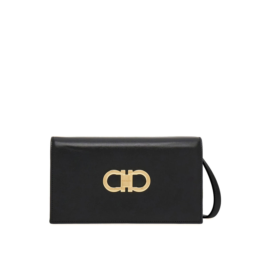 Mini Bag With Gancini Plaque, Black Calfskin