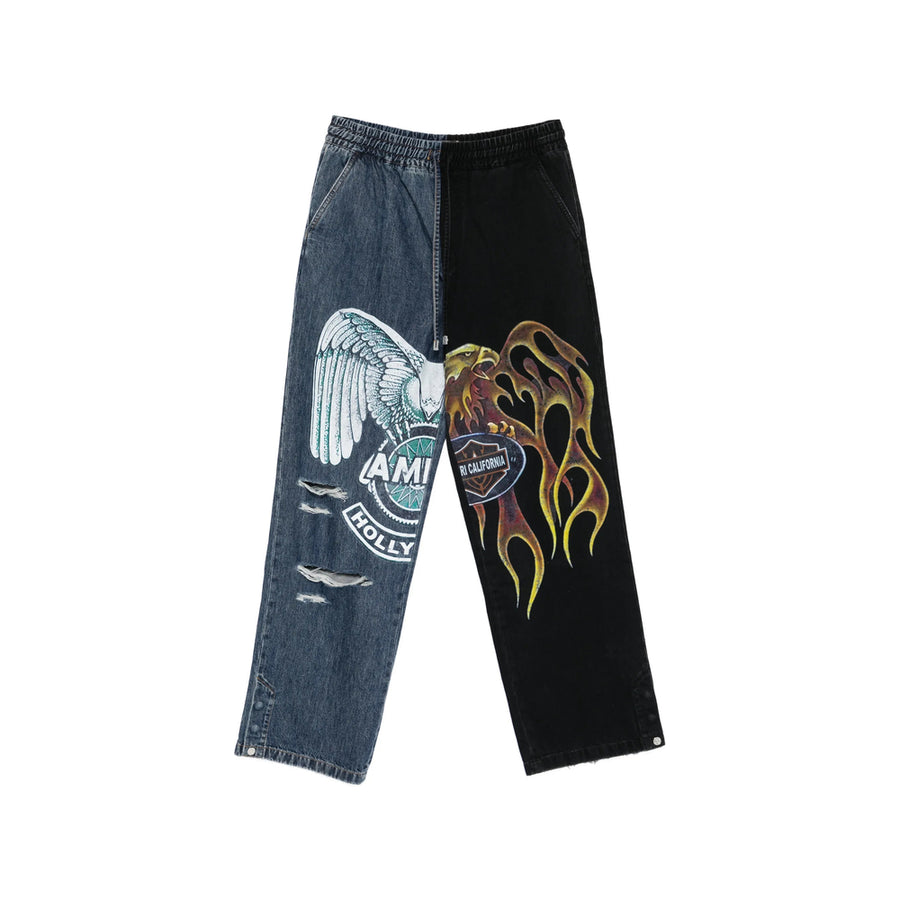 Graphic Print Jeans With Elasticated Waistband Blue/black Cotton: 100. Loose-fit