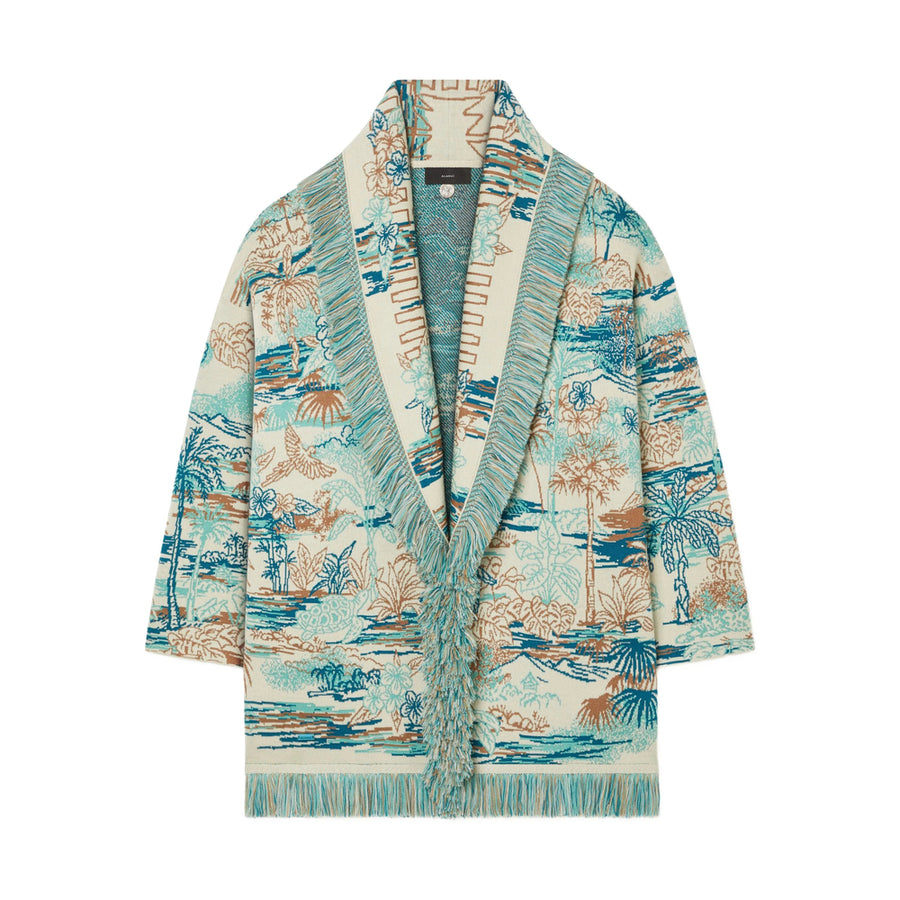 Fringed Trim Open Front Sweater Blue Cotton: 100. Cardigans