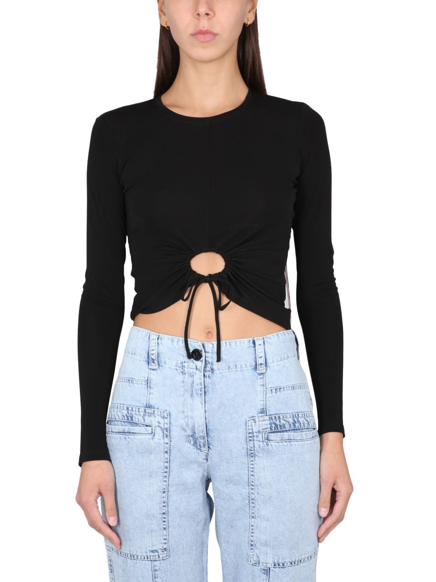 Circular Cut Crepe Top Black Polyester Tops