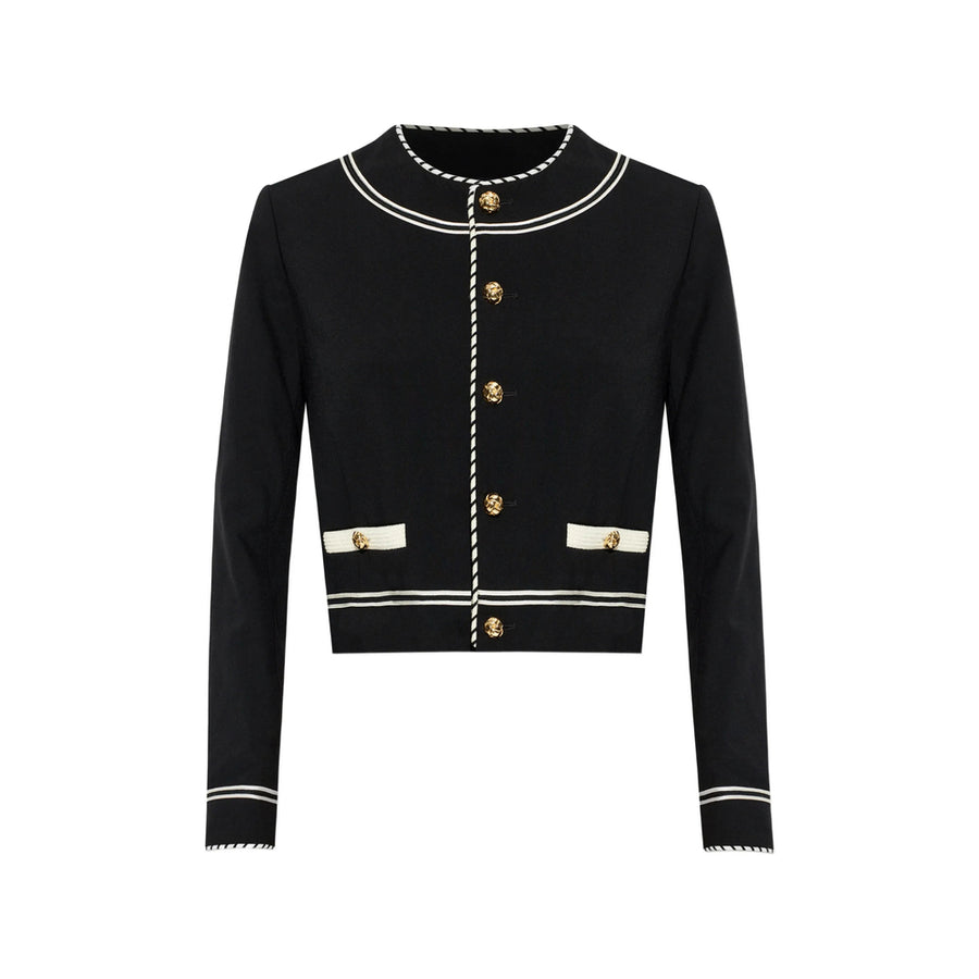 Black Round Neck Outerwear Polyester: 37. Fitted Jackets