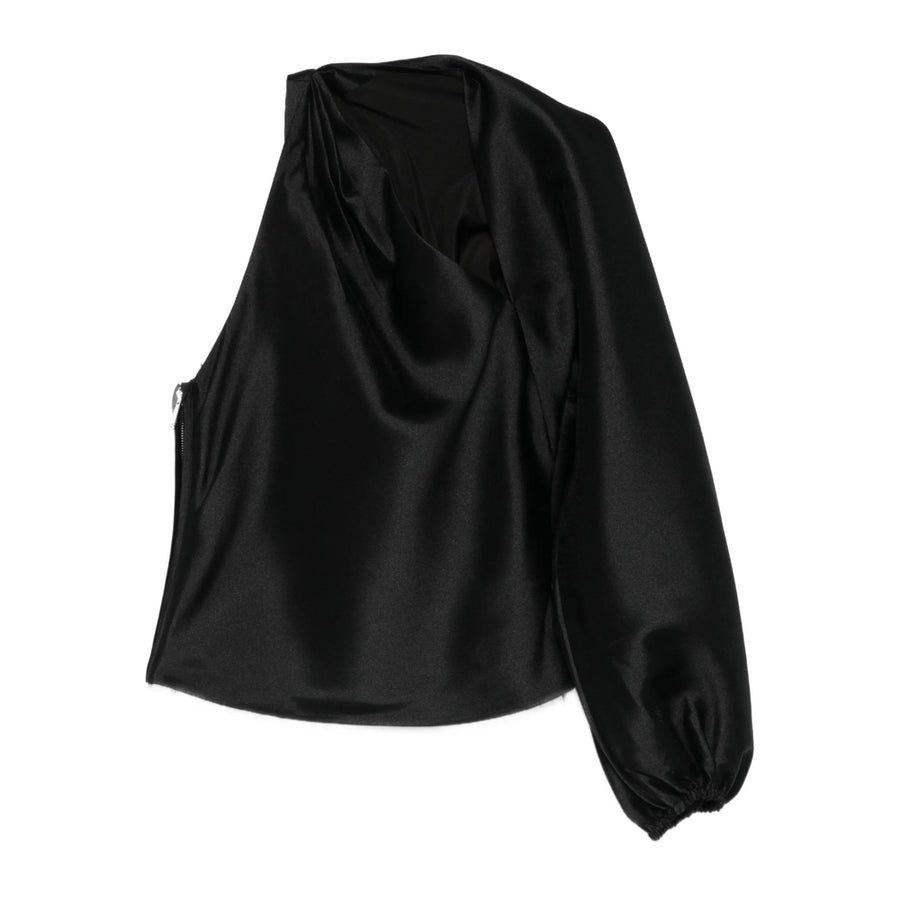 One Shoulder Asymmetric Sleeve Top Black Polyester: 100. Blouses