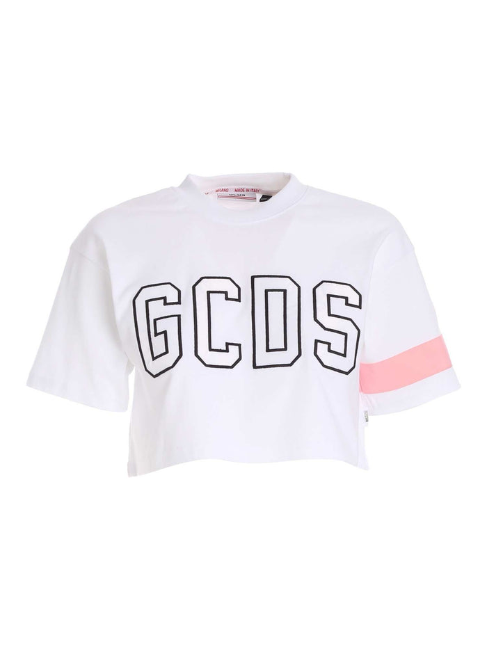 Gcds Logo Cropped T-Shirt White Cotton