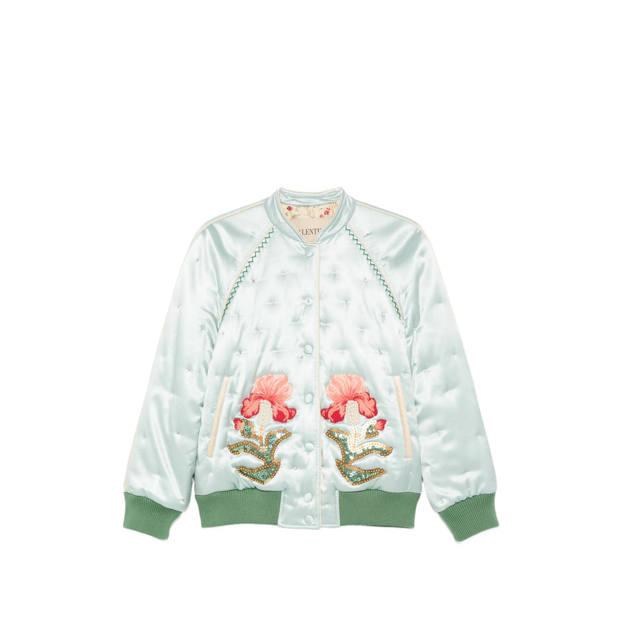 Bomber Jacket Silk Floral Embroidery Blue Outer