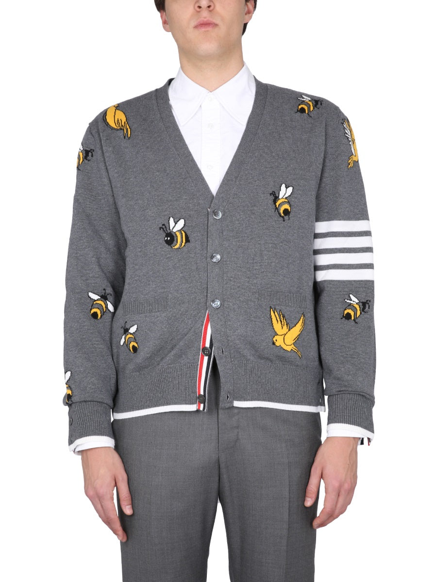 Cardigan With Birds And Bees Inlays Grey Wool Jumpers