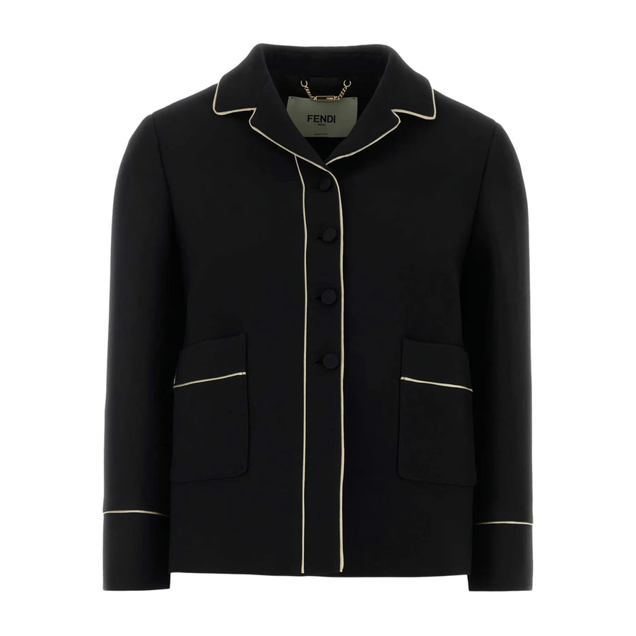 Single-Breasted Wool-Silk Blazer With Piped Trims Black Jacket