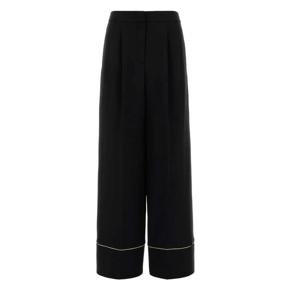 Wide-Leg Silk And Wool Trousers With Contrast Trim Black Straight