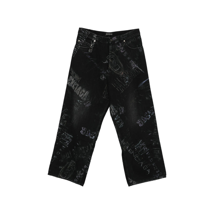 Wide-Leg Jeans With Graphic Pattern Black Cotton (outer)