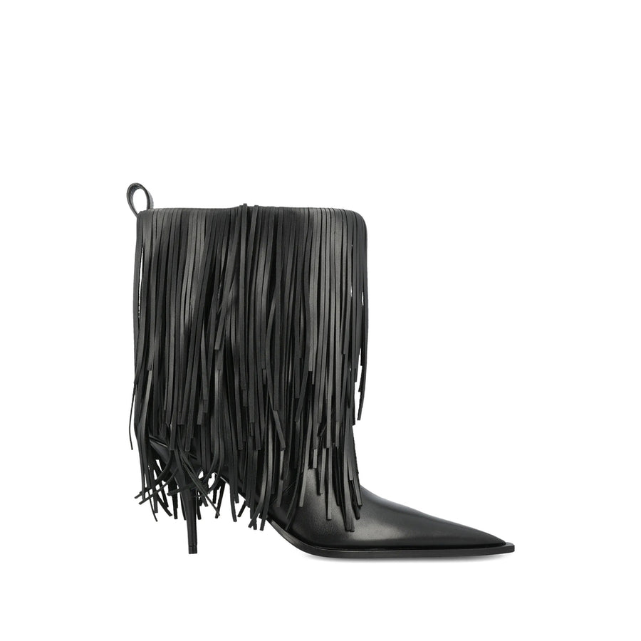 Pointed Toe Fringed Leather Shoes Black Calfskin