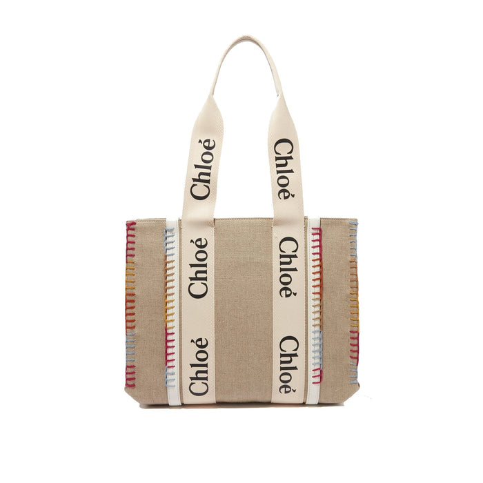 Chloé Woody Medium Tote Bag Beige Linen