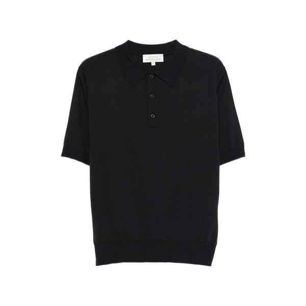 Navy Button Closure Short Sleeve Sweater Blue Silk: 20. Polo Shirts