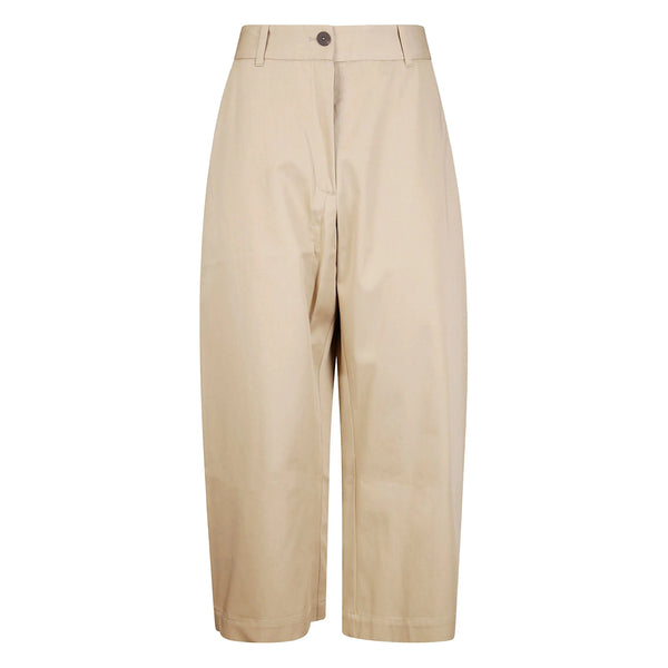 Wide Leg Trousers With Patch Pockets Beige Cotton High-waisted