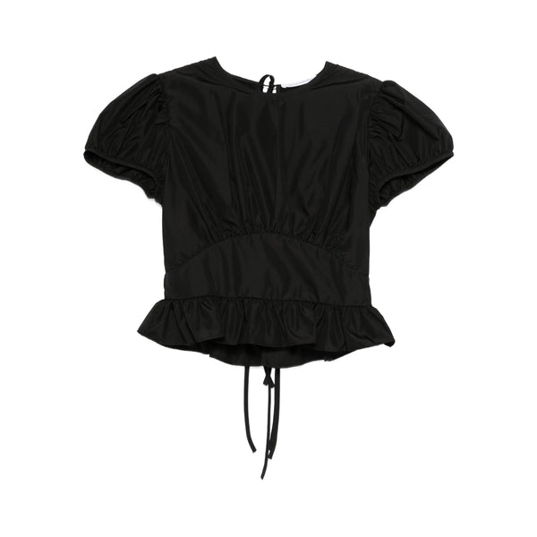 Ruffle Hem Tie-Fastening Top Black Lining Polyester: Blouses