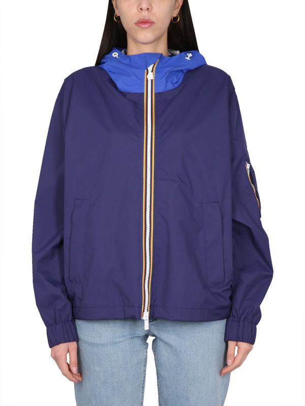 High Neck Hooded Jacket Blue Nylon