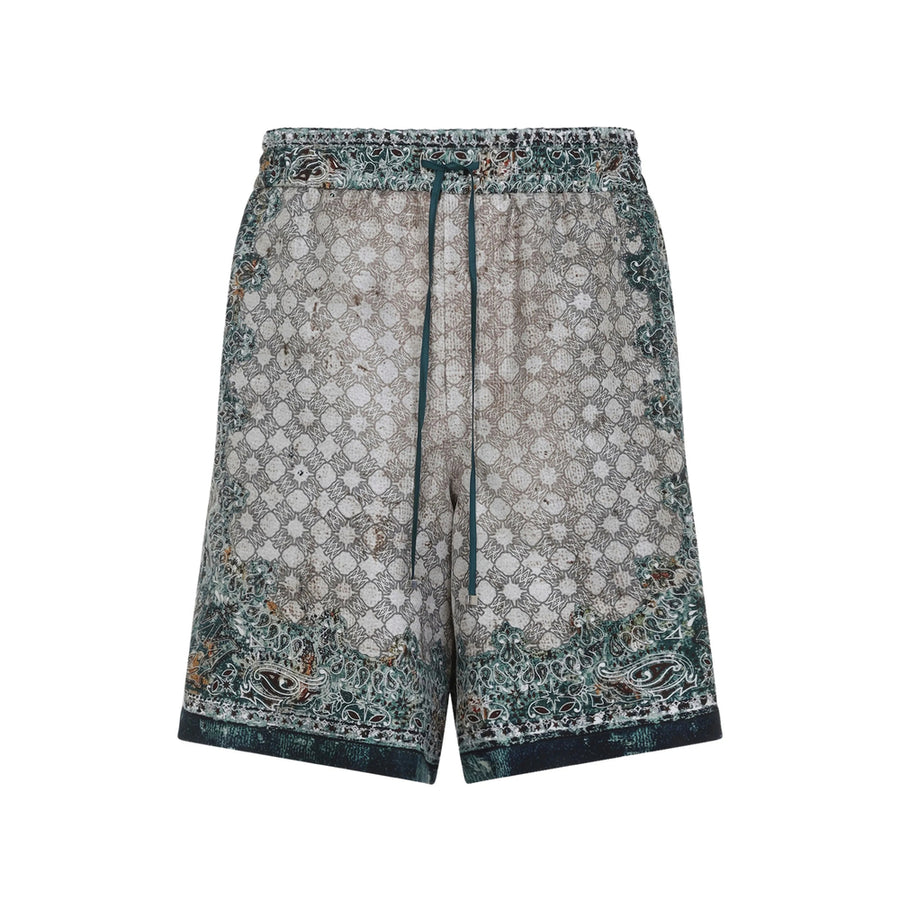 Shorts Green Paisley Print Silk Bermuda