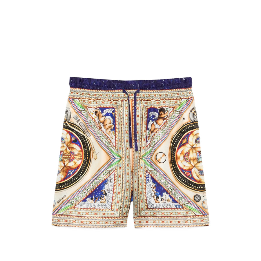 Multicolored Patterned Drawstring Shorts Neutrals/blue Silk: 100