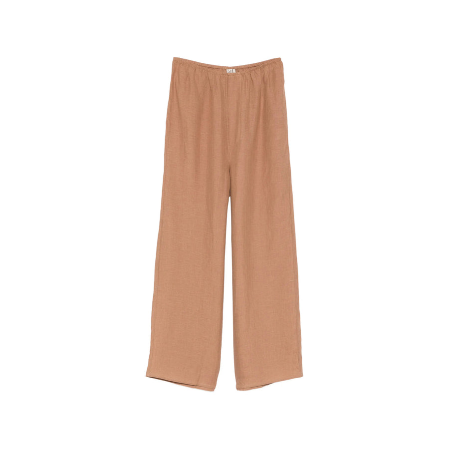 Brown Elasticated Waistband Straight Trousers Linen/flax 100