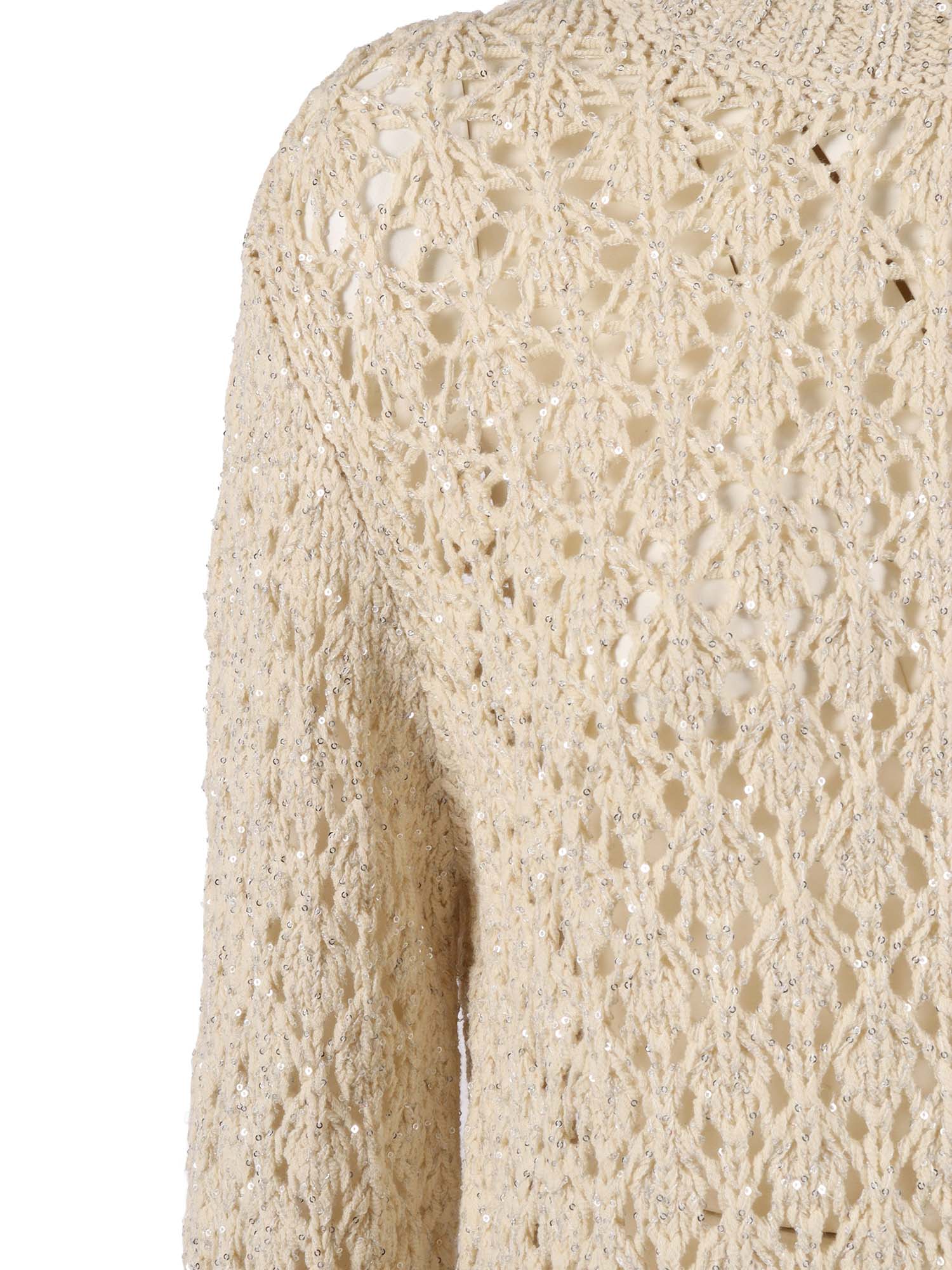 SEQUIN DIAMOND STITCH CREW NECK SWEATER Beige Cotton Polyamide Polyester Crewneck