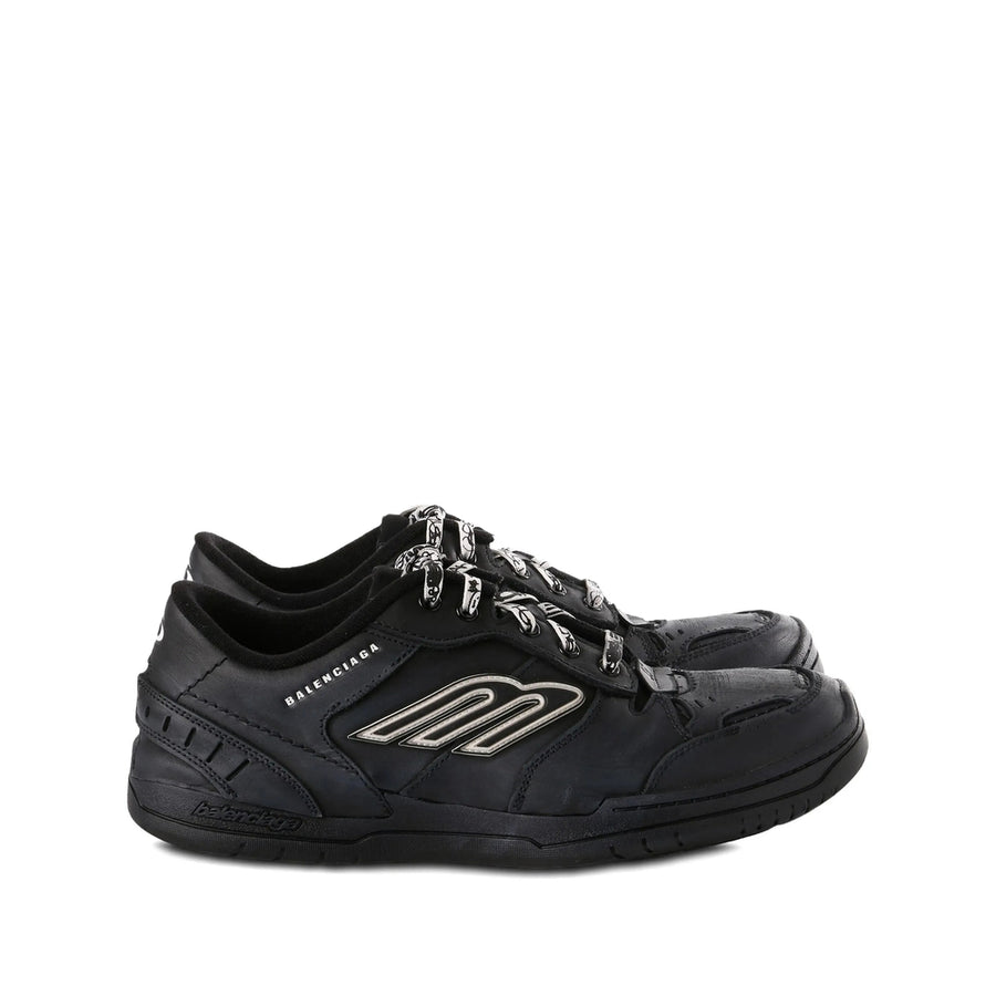 Trainers With Worn-Out Effect And Scribbled Laces Black Calf Leather Sneaker