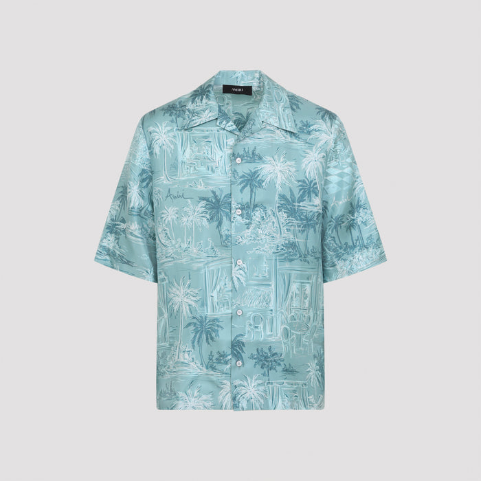 Chateau Sketch Bowling Shirt Blue Silk