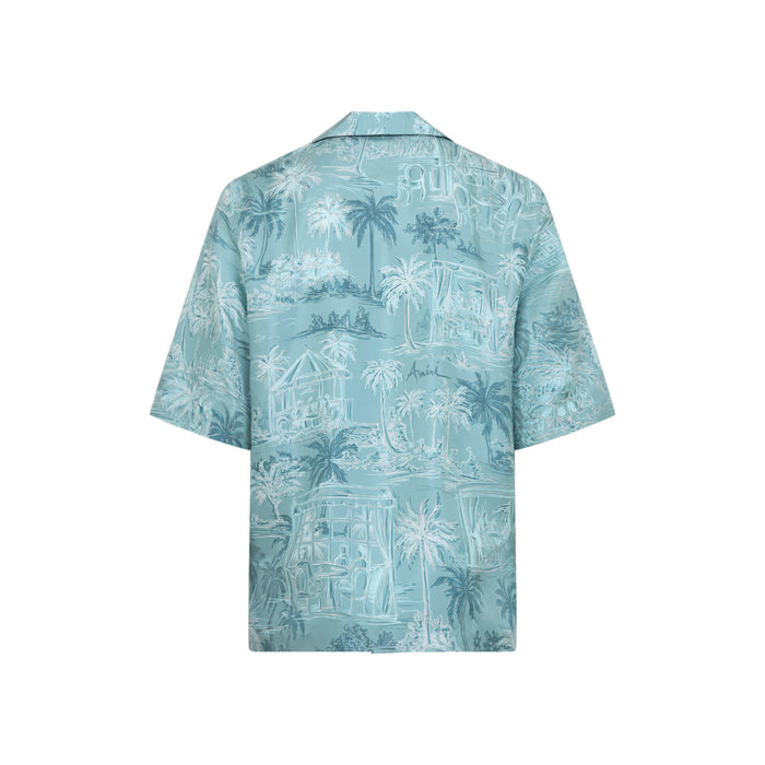 Chateau Sketch Bowling Shirt Blue Silk