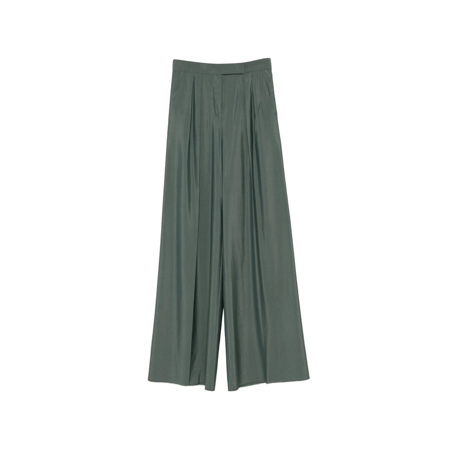 Wide Leg Pleated Trousers Green Virgin Wool