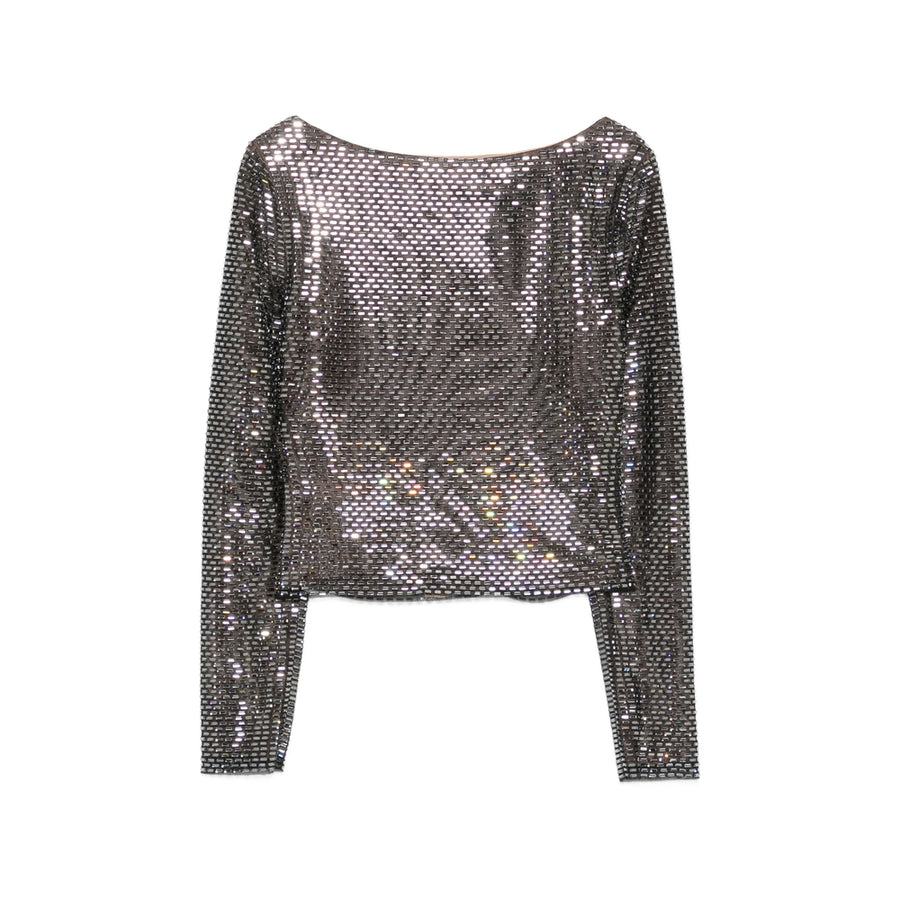 Top Embellished Round Neck Black Polyester Blouses