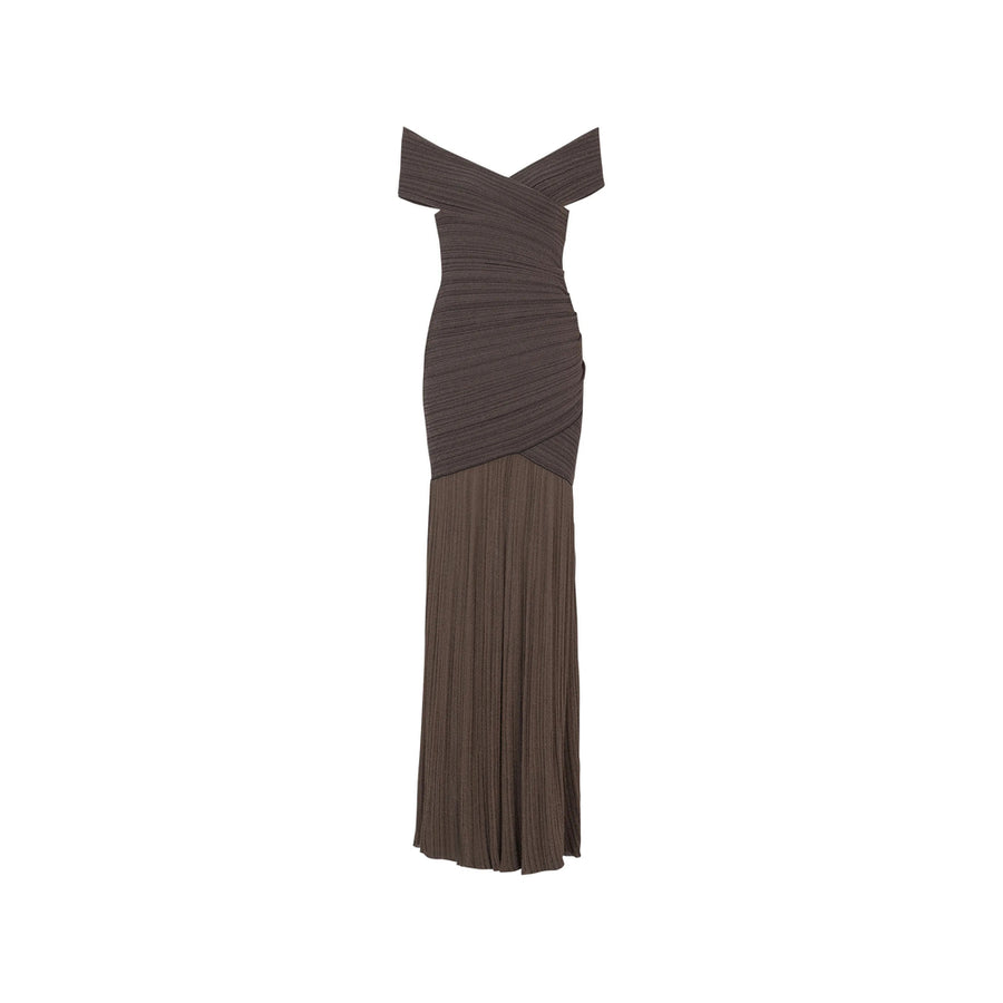 Dress Off-The-Shoulder Pleated Brown Cotton Evening
