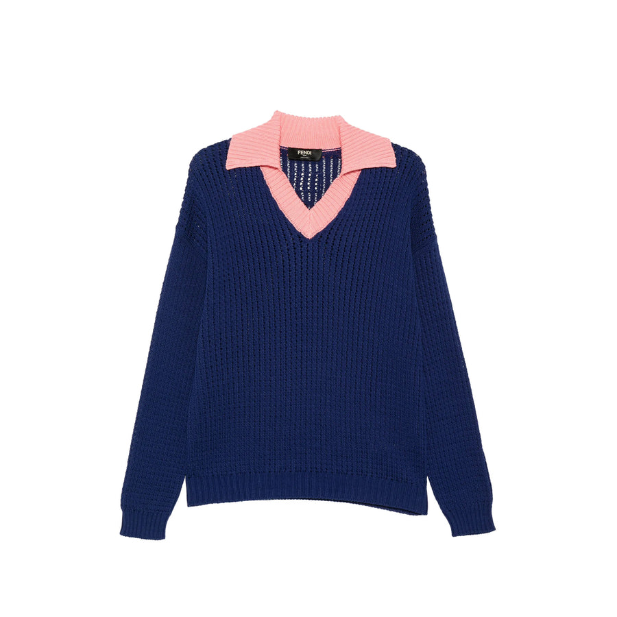 Rib Knit Jumper With Open Stitch Blue Cotton Sweater