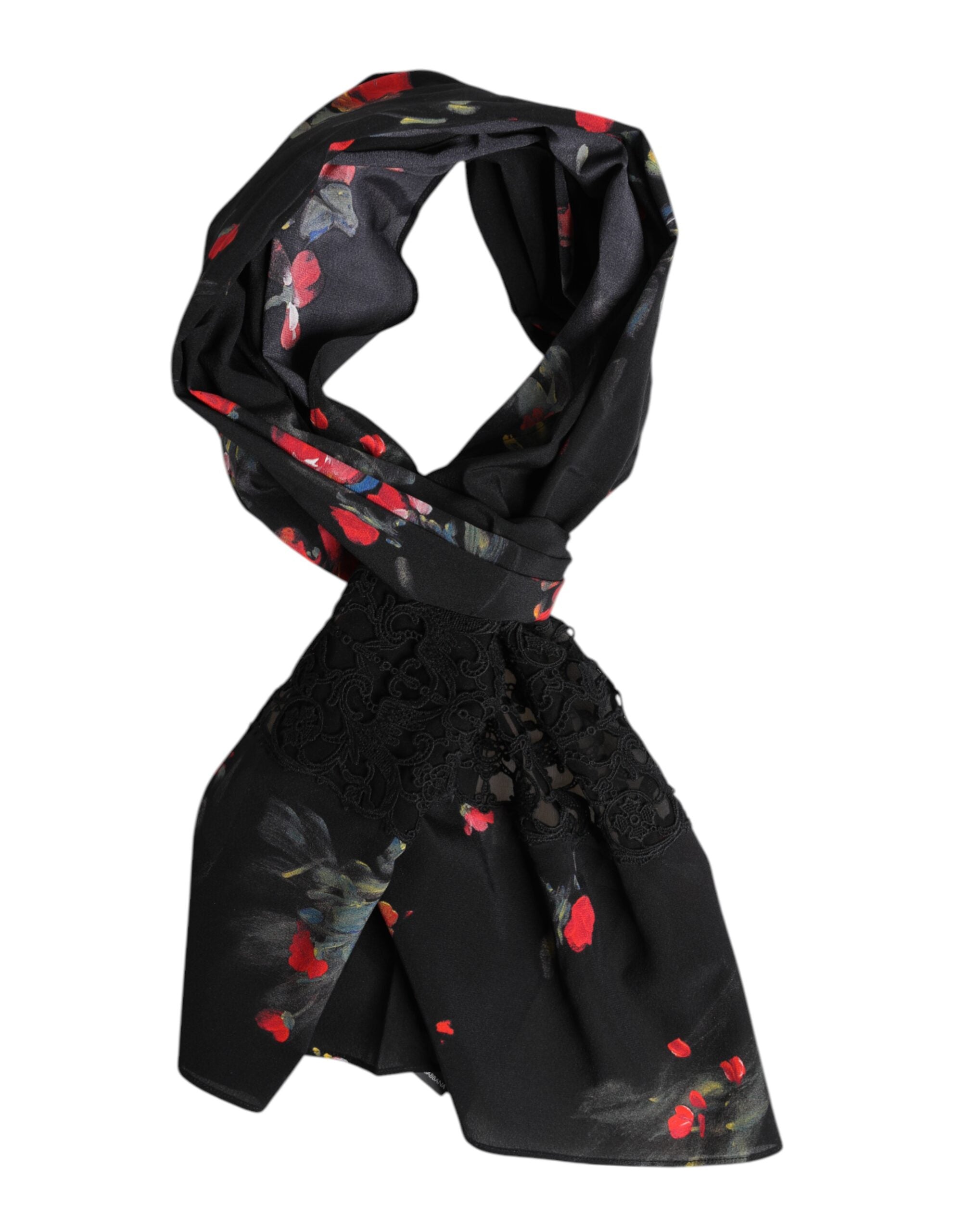 Black Floral Print Neck Warmer Wrap Scarf Silk Cotton