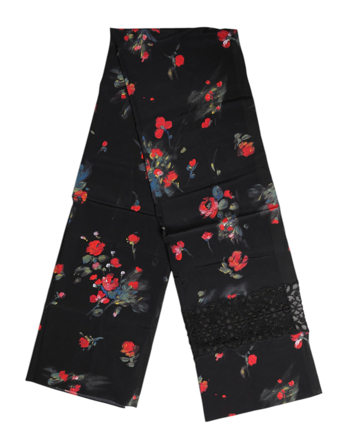 Black Floral Print Neck Warmer Wrap Scarf Silk Cotton