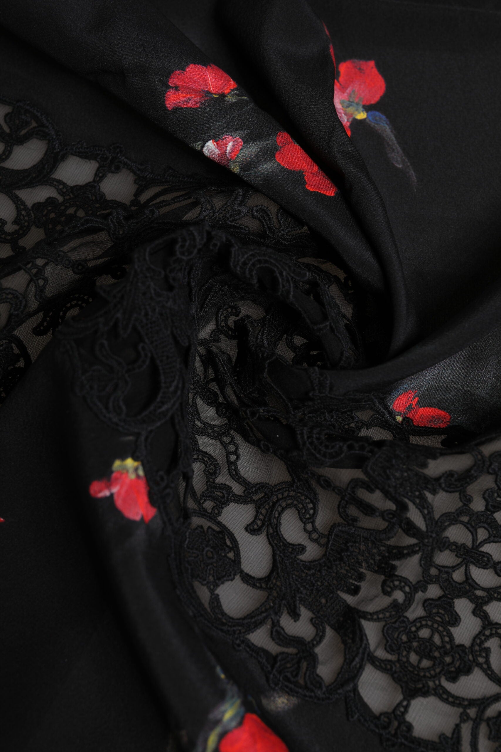 Black Floral Print Neck Warmer Wrap Scarf Silk Cotton