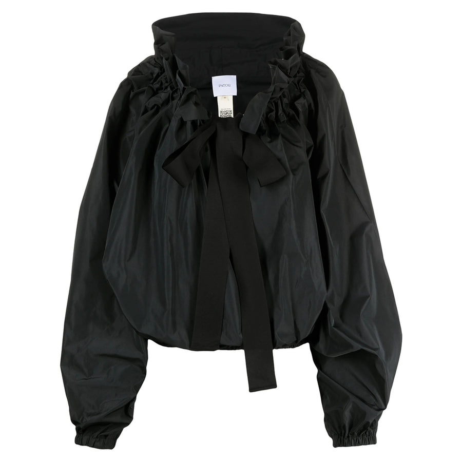 Ruffle Collar Blouse With Puff Sleeves Black Polyester Blouses