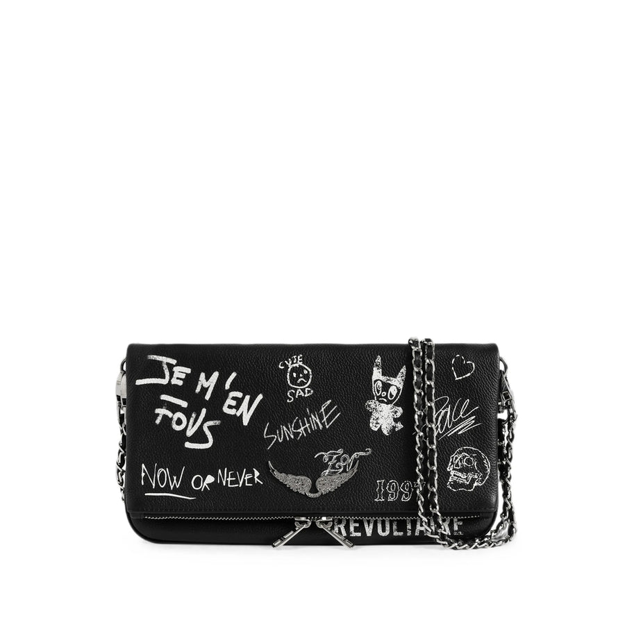 Rock Leather Clutch Bag With Rhinestone Wings Black