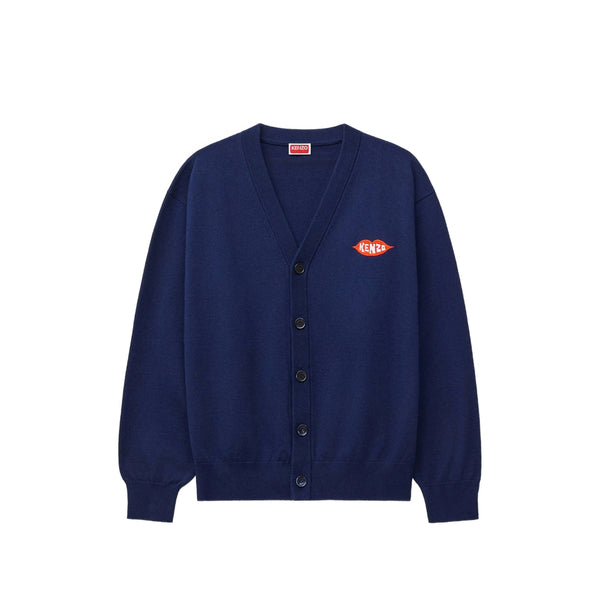 V-Neck Cardigan With Embroidered Motif Blue Wool Cardigans