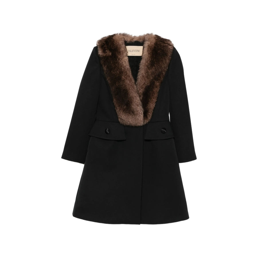 Faux Fur Collar Wool Coat Black & Shearling