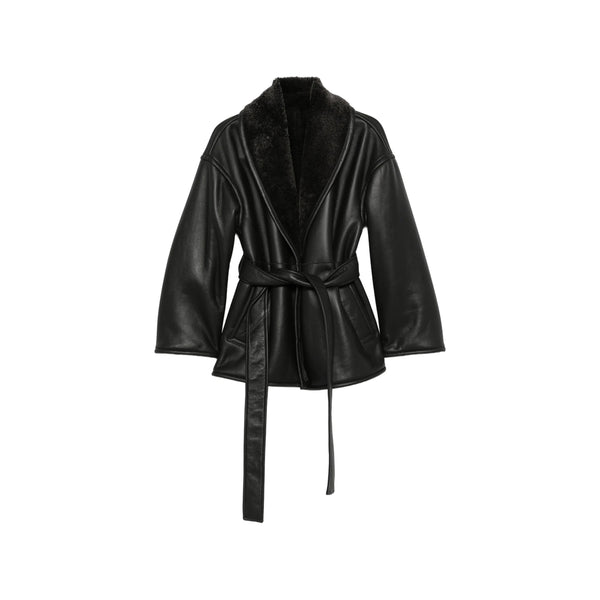 Sheepskin Belted Coat With Shawl Lapels Black Leather