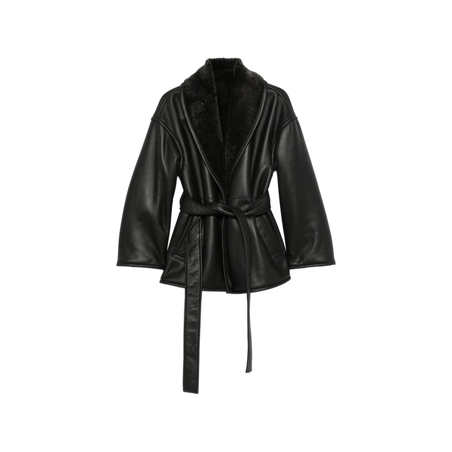 Sheepskin Belted Coat With Shawl Lapels Black Leather