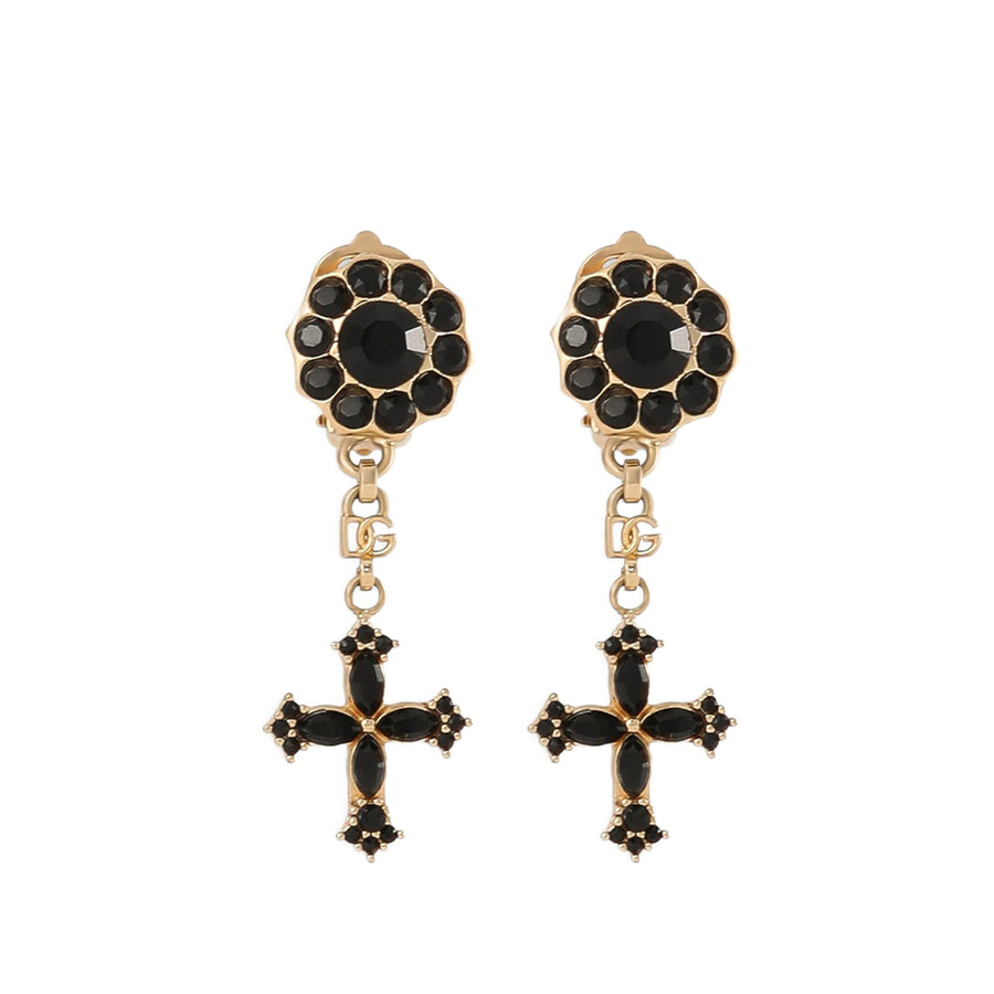 Clip-On Cross Pendant Earrings Gold-Black Gold/black Brass