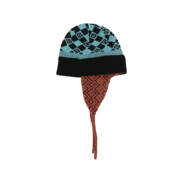 Geometric Knitted Wool Hat With Ear Flaps Black/blue