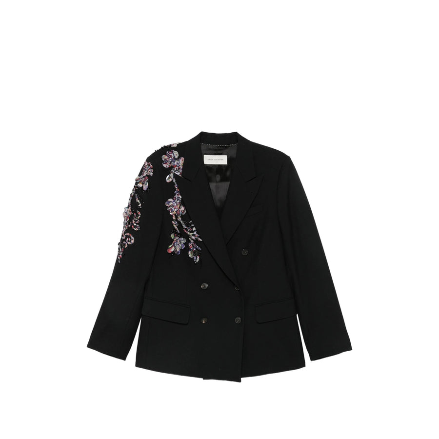 Double-Breasted Embellished Wool Blazer Black Jacket
