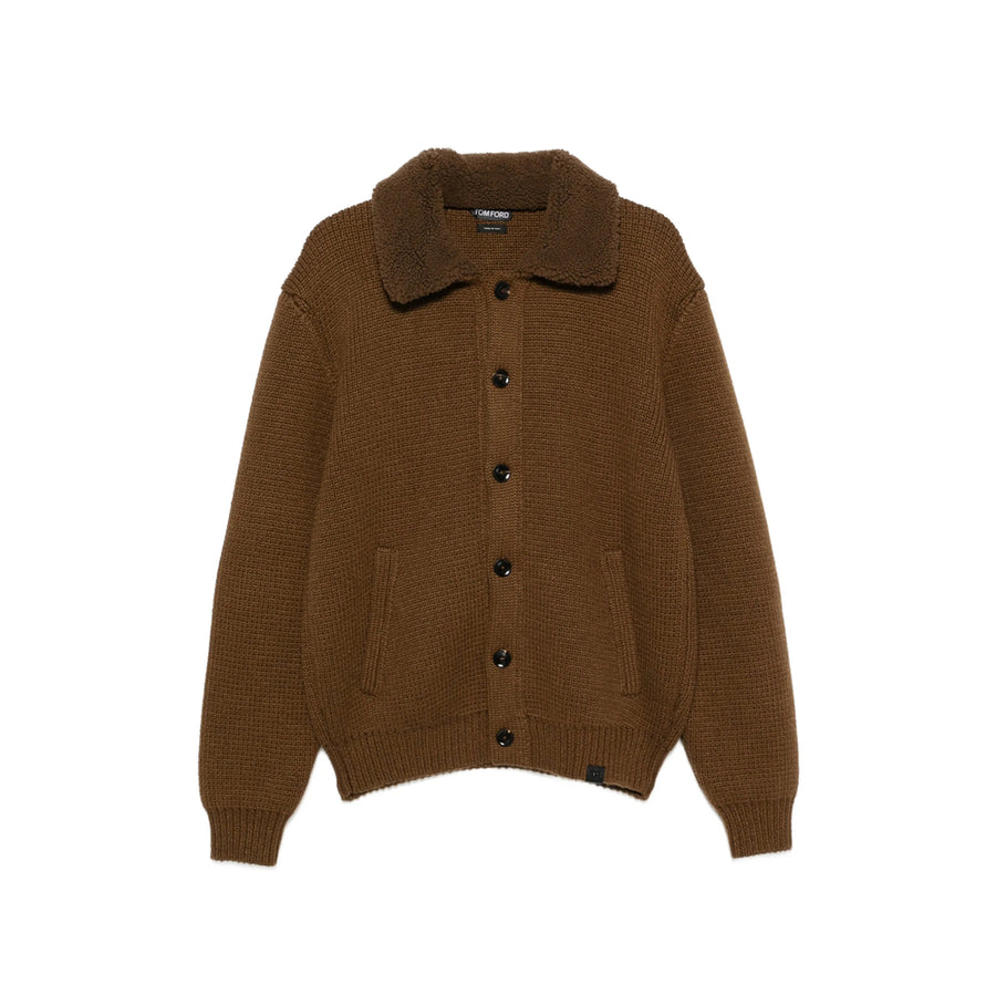 Cardigan With Shearling Collar Brown Cashmere Sweater