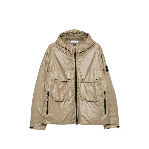 Down Jacket Khaki Green Crinkled Finish Padded &