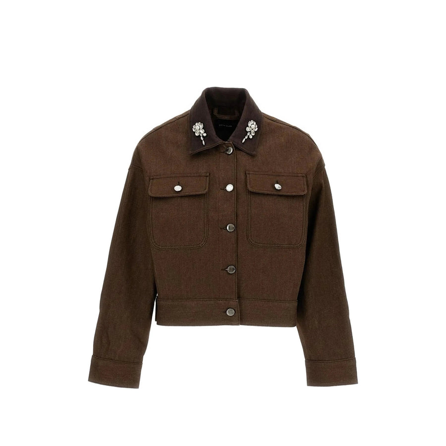 Cropped Embellished Cotton Jacket Brown