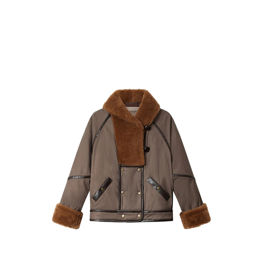 Double-Breasted Faux-Fur Trim Jacket Brown Polyester Faux Fur & Shearling