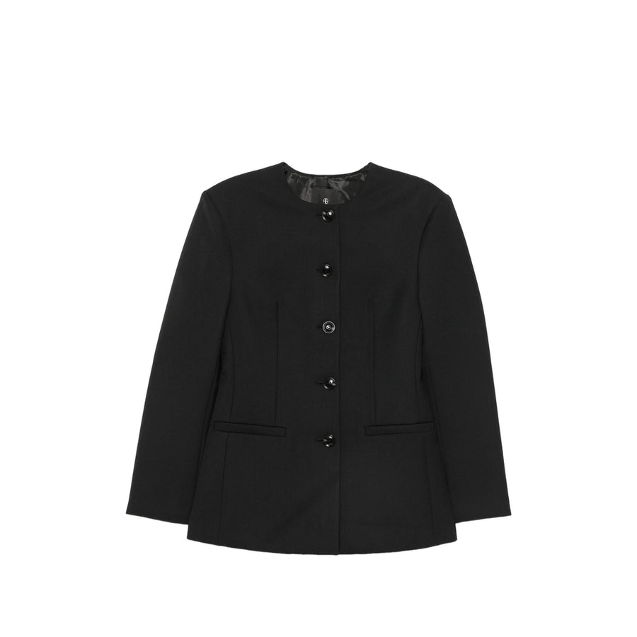 Collarless Single-Breasted Jacket Black Outer: Polyester Fitted