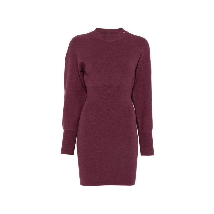 Ribbed Knit Long-Sleeve Dress Red Viscose Day