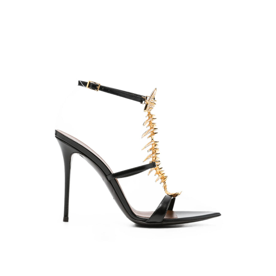 Ankle-Strap Stiletto Sandals Black Crystal Calf Leather (outer