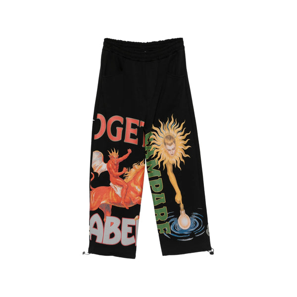 Wide Leg Graphic Print Track Pants Black Cotton