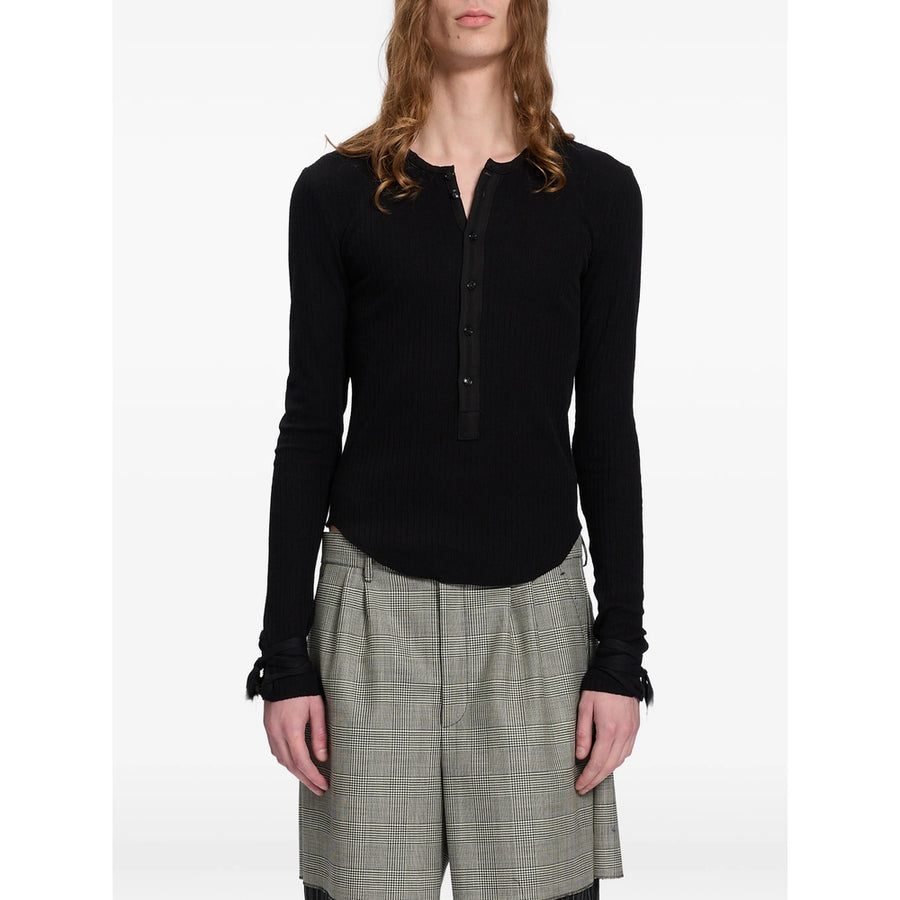 T-Shirt Long Sleeve Black Pointelle Cotton T-shirts And Polos